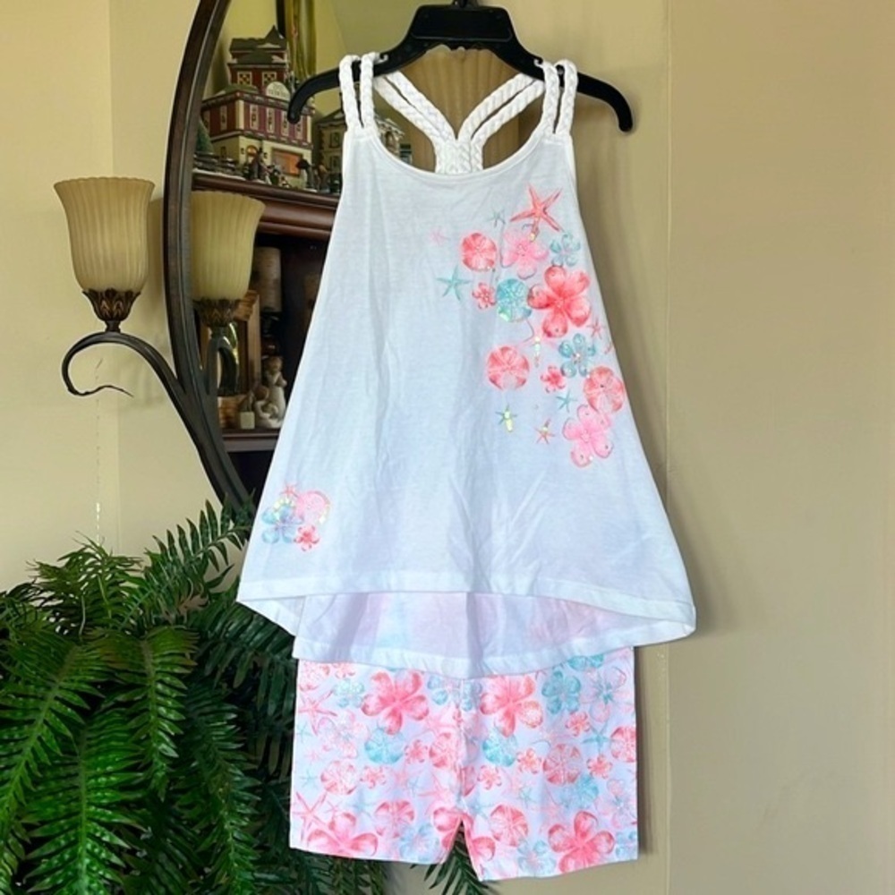 Brand New Jillian’s Closet Tropical Floral White Neon Sparkly 2-Piece Summer Set
